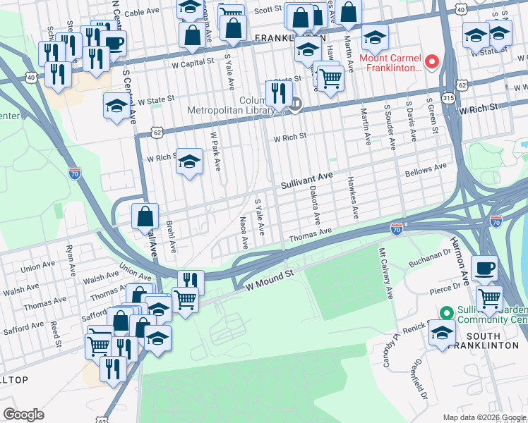 map of restaurants, bars, coffee shops, grocery stores, and more near 1134 Bellows Avenue in Columbus