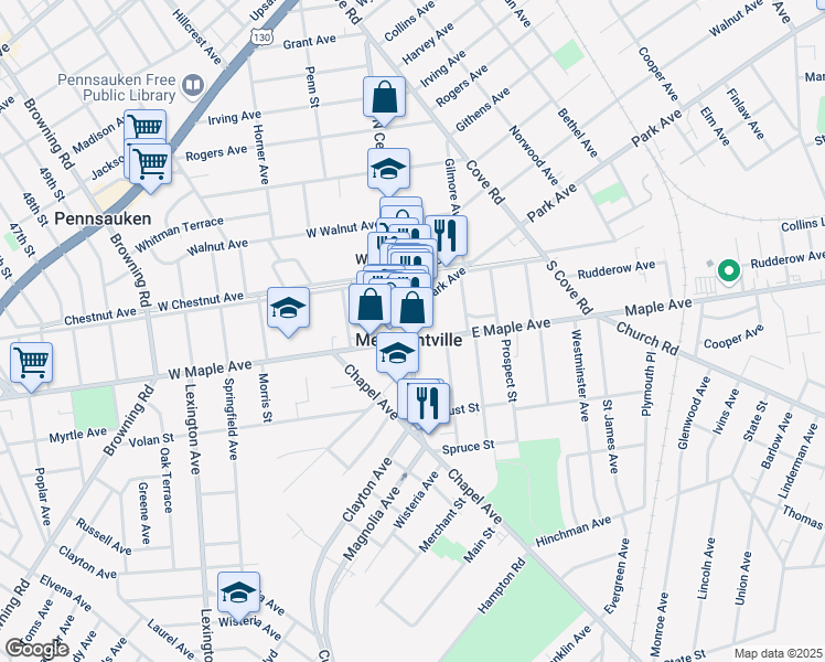 map of restaurants, bars, coffee shops, grocery stores, and more near in Merchantville