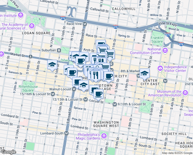 map of restaurants, bars, coffee shops, grocery stores, and more near 12 South 12th Street in Philadelphia