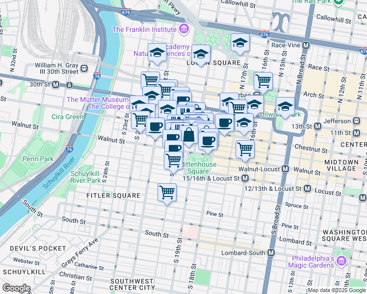 map of restaurants, bars, coffee shops, grocery stores, and more near 1917 Walnut St in Philadelphia
