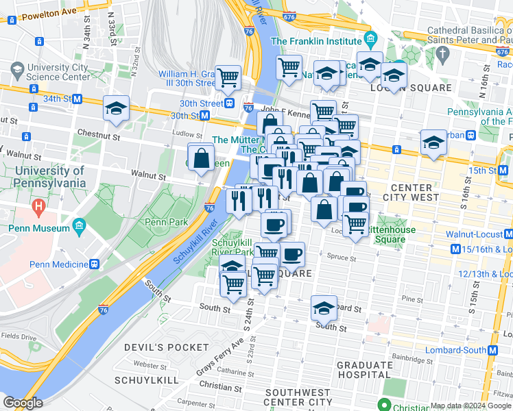 map of restaurants, bars, coffee shops, grocery stores, and more near 2400 Walnut Street in Philadelphia