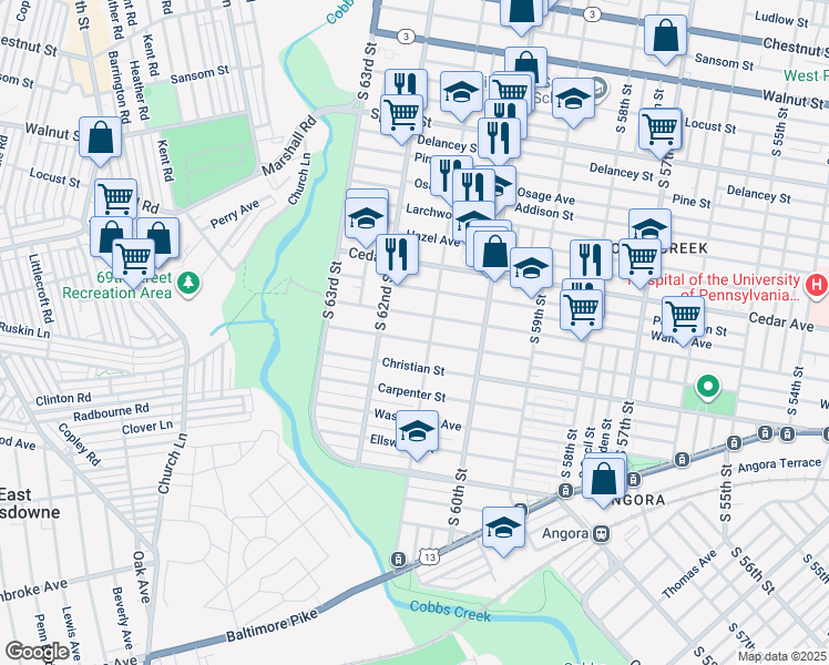 map of restaurants, bars, coffee shops, grocery stores, and more near 6119 Webster Street in Philadelphia