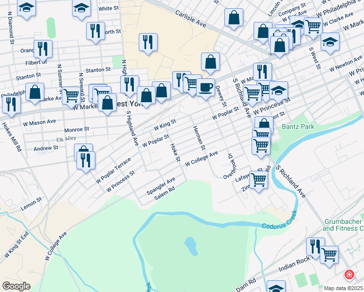 map of restaurants, bars, coffee shops, grocery stores, and more near 1284 West Princess Street in York