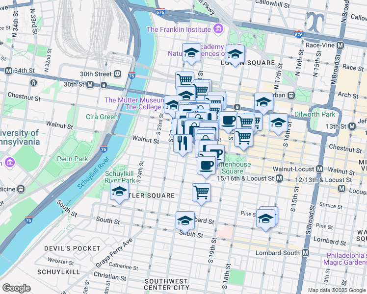 map of restaurants, bars, coffee shops, grocery stores, and more near 2102 Walnut Street in Philadelphia