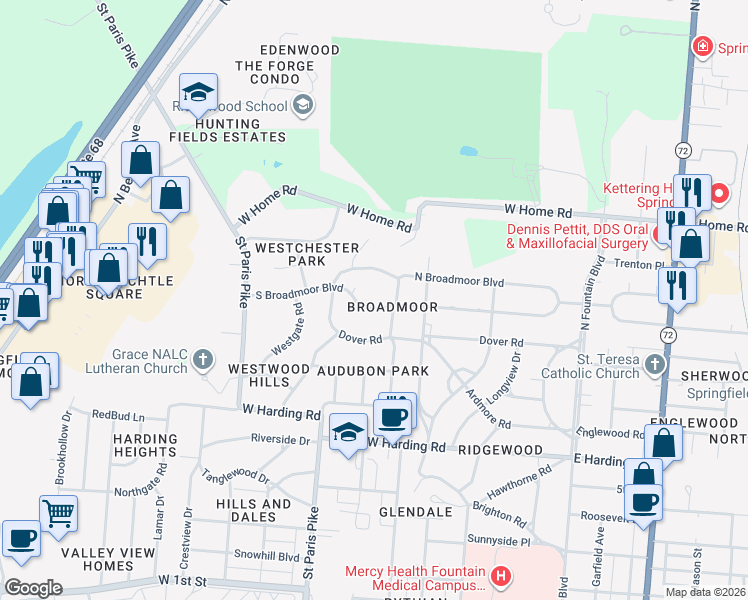 map of restaurants, bars, coffee shops, grocery stores, and more near 440 South Broadmoor Boulevard in Springfield