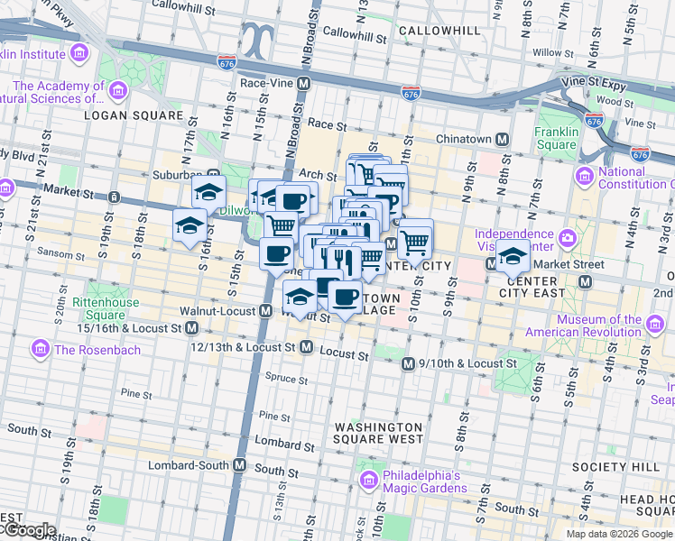 map of restaurants, bars, coffee shops, grocery stores, and more near 12 South 12th Street in Philadelphia