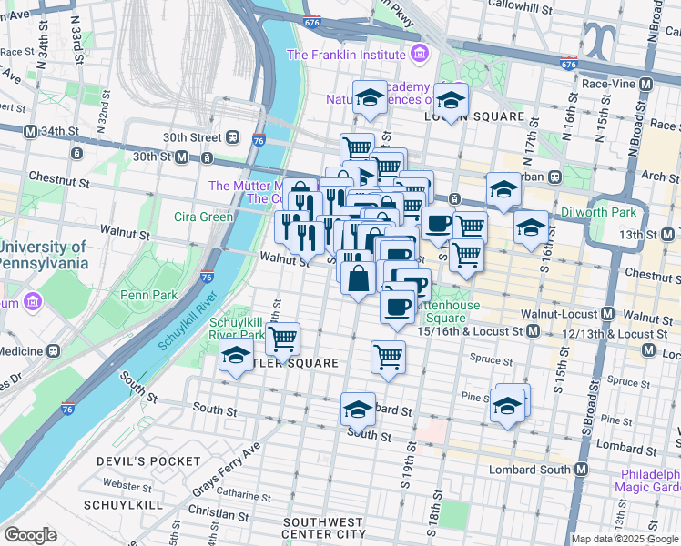 map of restaurants, bars, coffee shops, grocery stores, and more near 2120 Walnut Street in Philadelphia