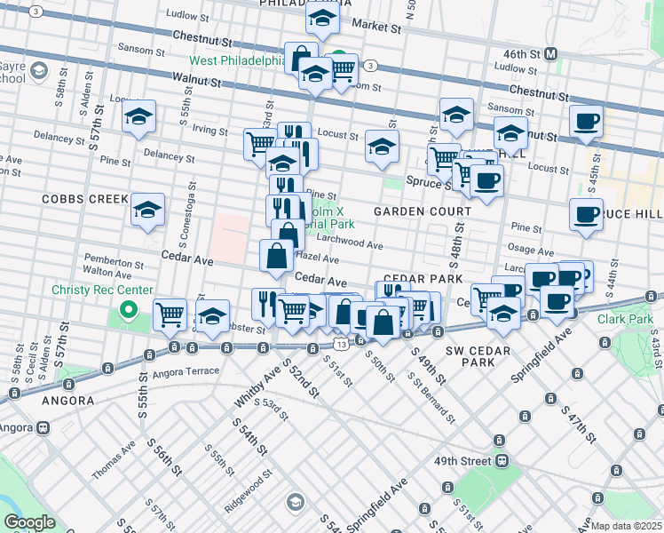 map of restaurants, bars, coffee shops, grocery stores, and more near 5046 Hazel Avenue in Philadelphia