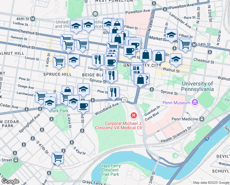 map of restaurants, bars, coffee shops, grocery stores, and more near 3931 Pine Street in Philadelphia