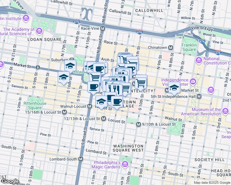 map of restaurants, bars, coffee shops, grocery stores, and more near 12 South 12th Street in Philadelphia