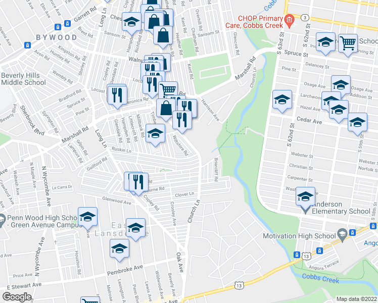 map of restaurants, bars, coffee shops, grocery stores, and more near 559 Wiltshire Road in Upper Darby