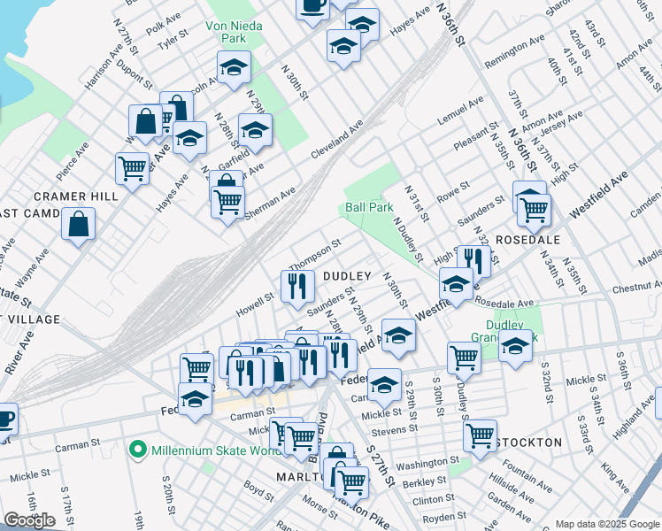map of restaurants, bars, coffee shops, grocery stores, and more near 2826 Thompson Street in Camden