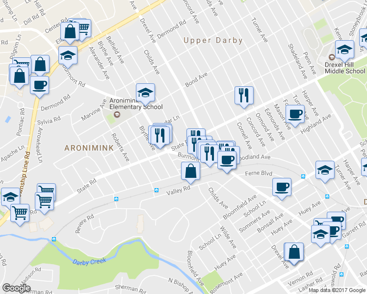 map of restaurants, bars, coffee shops, grocery stores, and more near 4442 State Road in Upper Darby