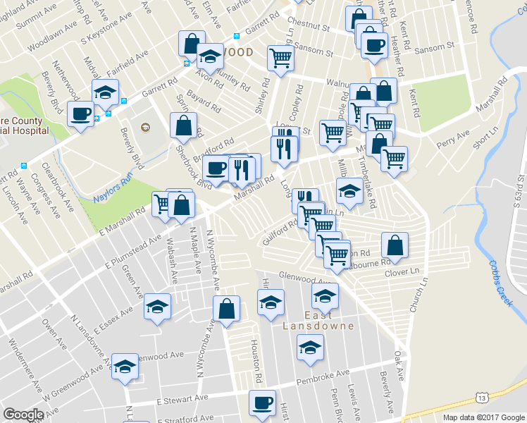 map of restaurants, bars, coffee shops, grocery stores, and more near 52 Gilpin Road in Upper Darby