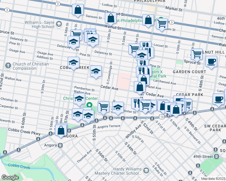 map of restaurants, bars, coffee shops, grocery stores, and more near 5410 Cedar Avenue in Philadelphia