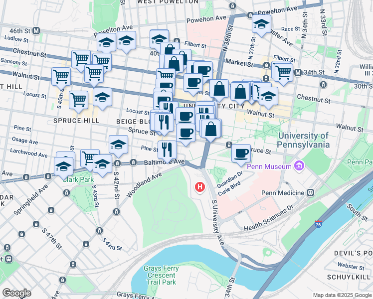 map of restaurants, bars, coffee shops, grocery stores, and more near 3900 Spruce Street in Philadelphia