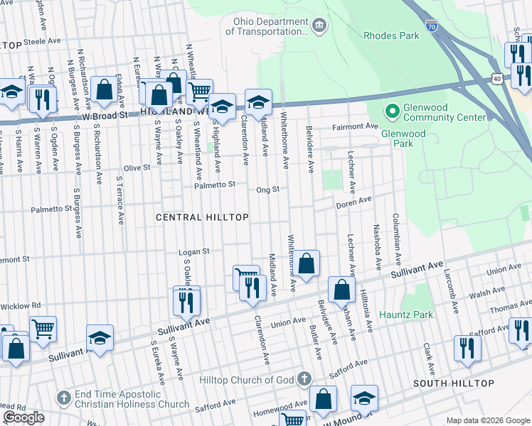 map of restaurants, bars, coffee shops, grocery stores, and more near 219 Midland Avenue in Columbus
