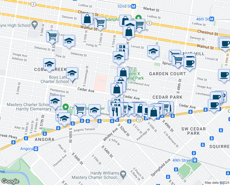 map of restaurants, bars, coffee shops, grocery stores, and more near 5215 Cedar Avenue in Philadelphia