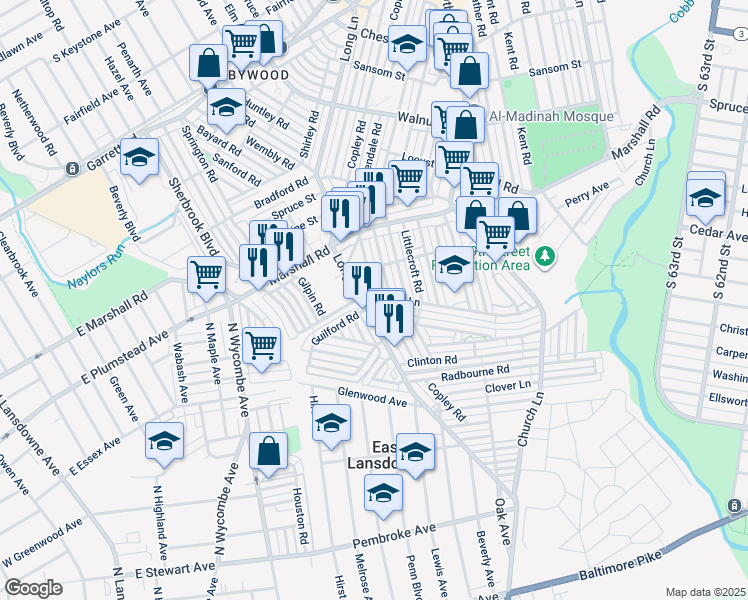 map of restaurants, bars, coffee shops, grocery stores, and more near 7186 Ruskin Lane in Upper Darby