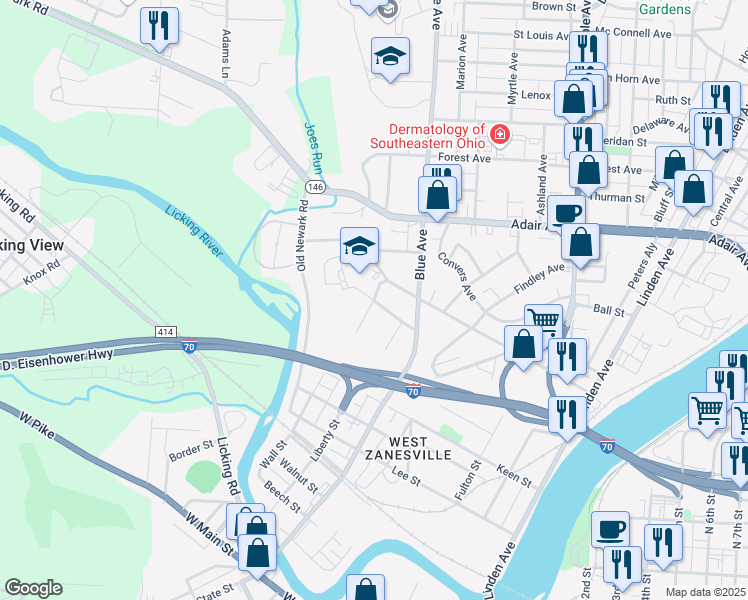 map of restaurants, bars, coffee shops, grocery stores, and more near 1275 Roosevelt Avenue in Zanesville