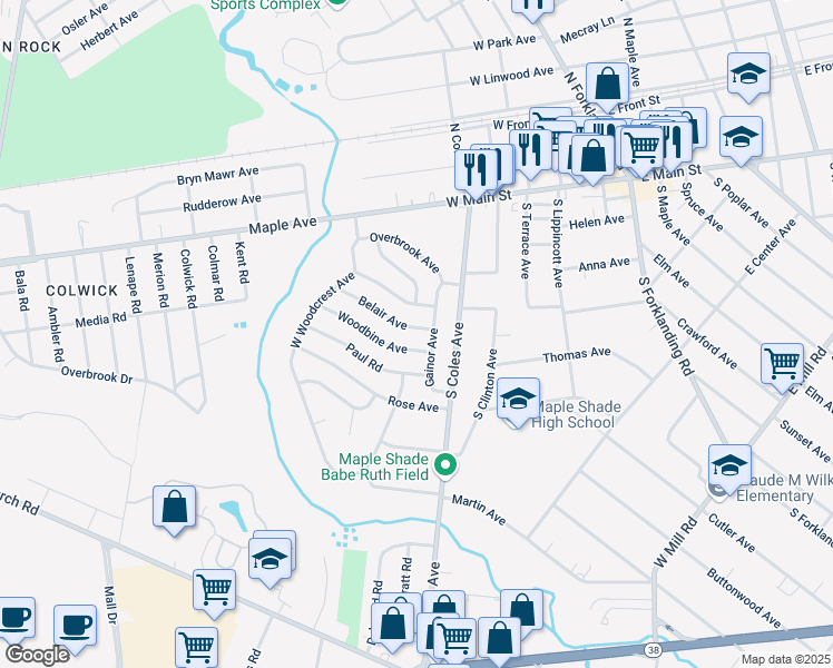 map of restaurants, bars, coffee shops, grocery stores, and more near 27 Belair Avenue in Maple Shade