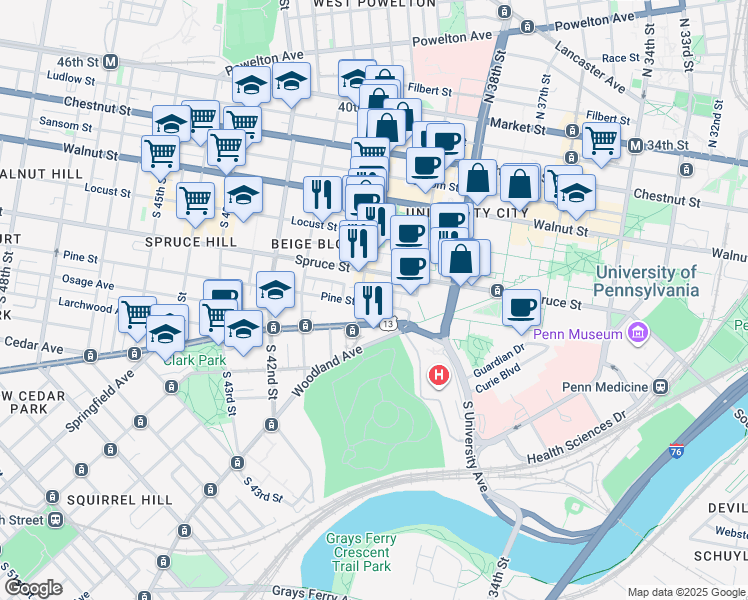 map of restaurants, bars, coffee shops, grocery stores, and more near 3939 Pine Street in Philadelphia