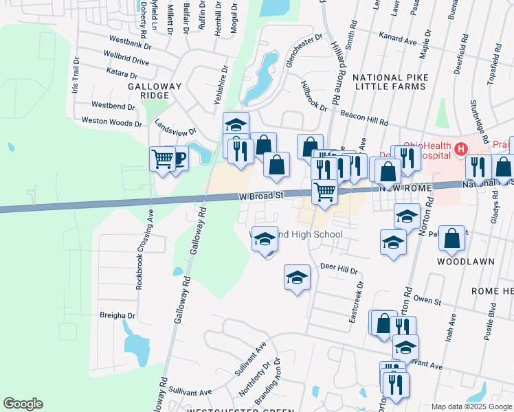 map of restaurants, bars, coffee shops, grocery stores, and more near 5605 West Broad Street in Columbus