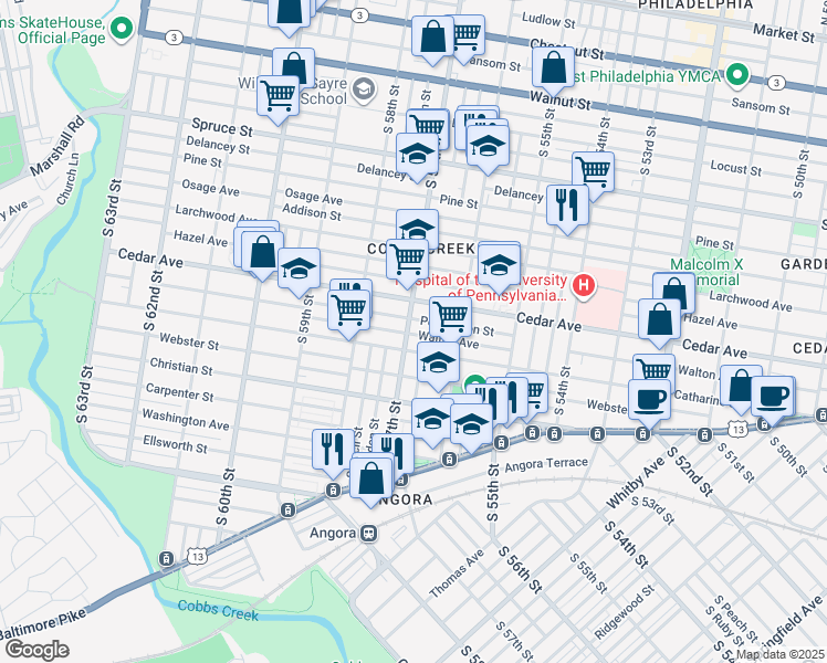 map of restaurants, bars, coffee shops, grocery stores, and more near 625 South 57th Street in Philadelphia