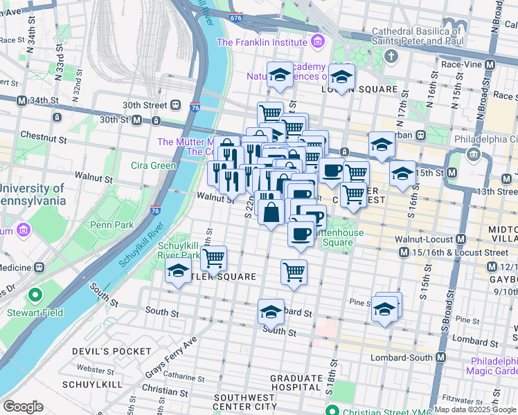 map of restaurants, bars, coffee shops, grocery stores, and more near 2118 Walnut Street in Philadelphia