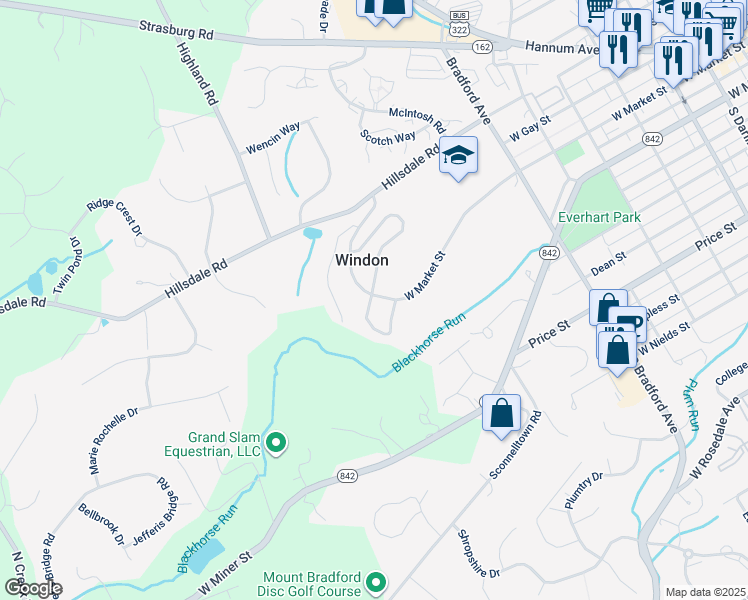 map of restaurants, bars, coffee shops, grocery stores, and more near 202 Mansion House Drive in West Chester