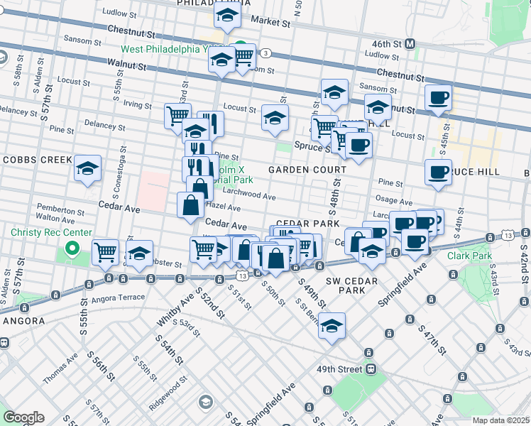 map of restaurants, bars, coffee shops, grocery stores, and more near South 50th Street & Hazel Avenue in Philadelphia