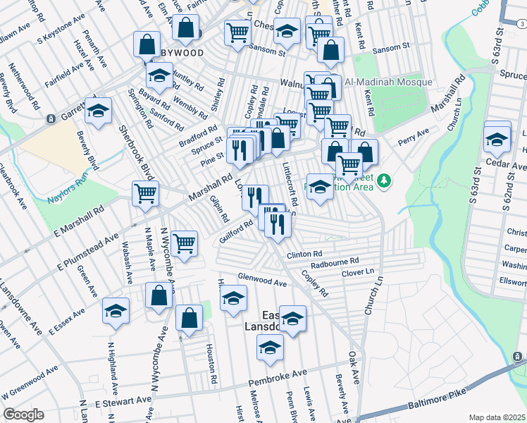map of restaurants, bars, coffee shops, grocery stores, and more near 7186 Ruskin Lane in Upper Darby
