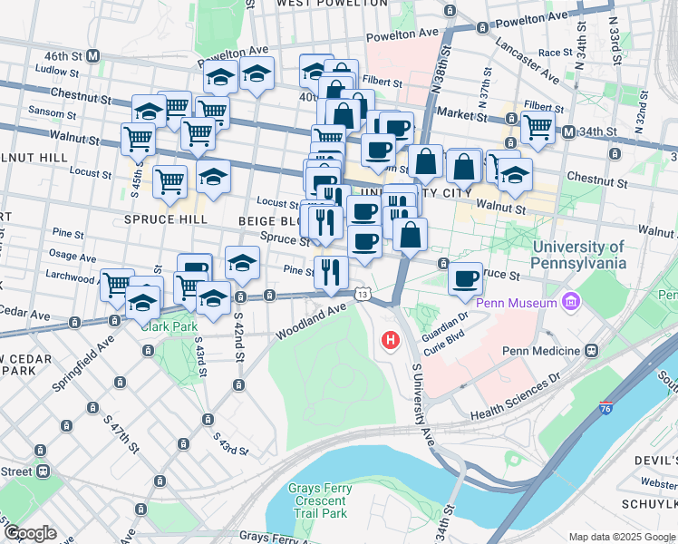 map of restaurants, bars, coffee shops, grocery stores, and more near 3940 Delancey Street in Philadelphia