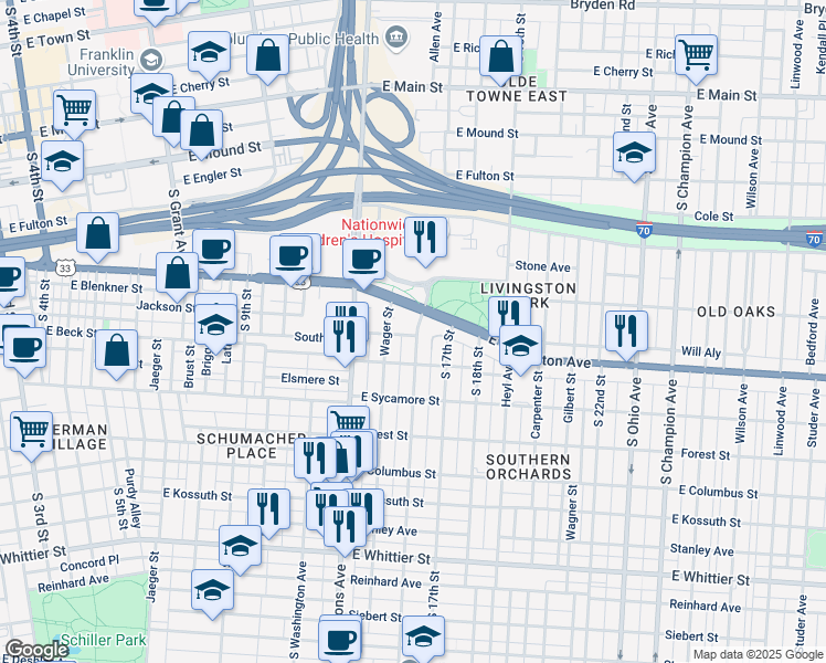 map of restaurants, bars, coffee shops, grocery stores, and more near 655 Ann Street in Columbus