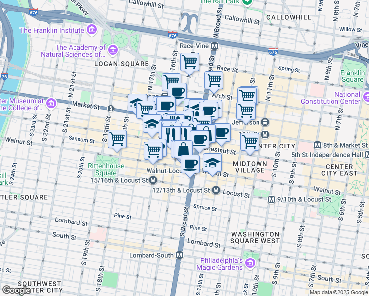map of restaurants, bars, coffee shops, grocery stores, and more near 1420 Chestnut Street in Philadelphia