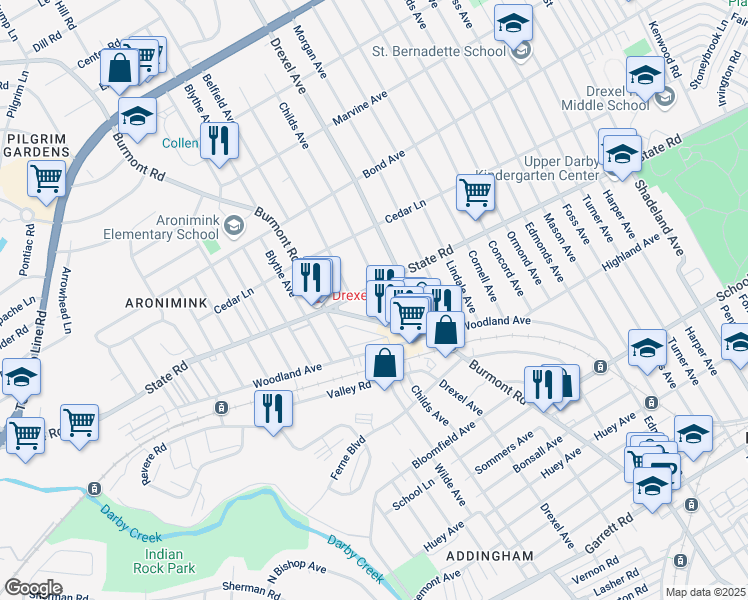 map of restaurants, bars, coffee shops, grocery stores, and more near 743 Childs Avenue in Drexel Hill