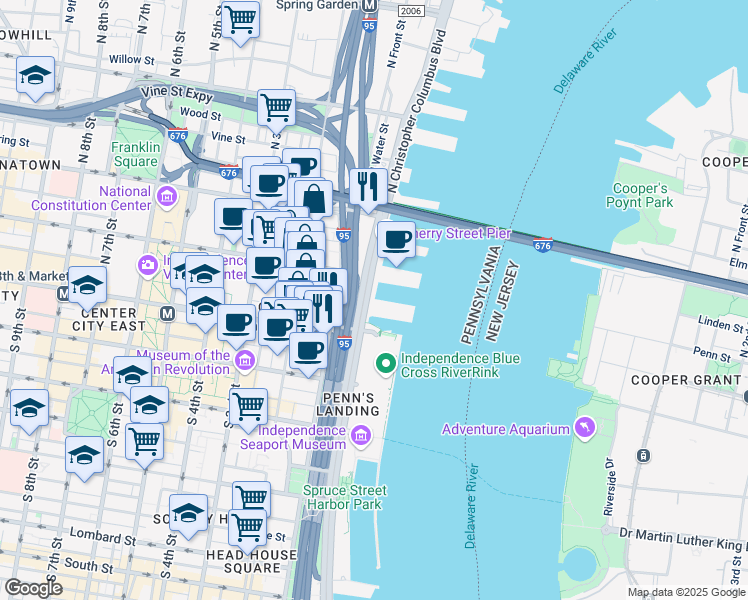 map of restaurants, bars, coffee shops, grocery stores, and more near 31 North Christopher Columbus Boulevard in Philadelphia