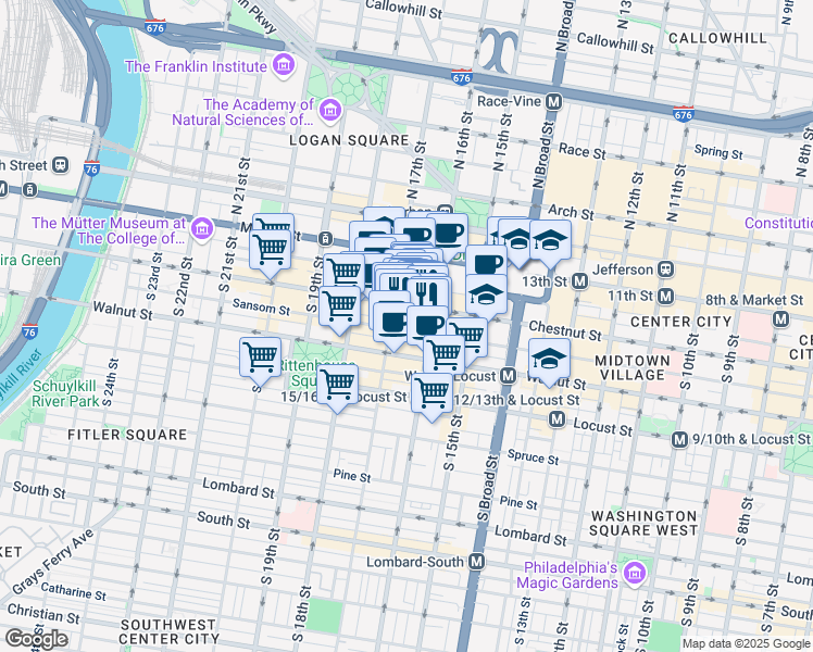 map of restaurants, bars, coffee shops, grocery stores, and more near 1616 Chestnut Street in Philadelphia