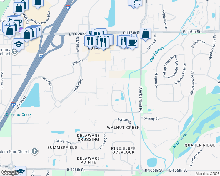 map of restaurants, bars, coffee shops, grocery stores, and more near 11142 Timberview Drive in Fishers