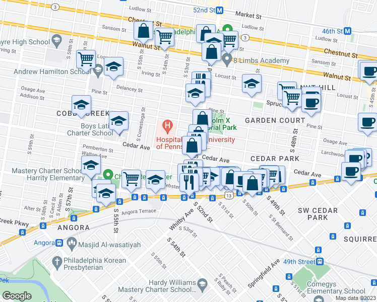 map of restaurants, bars, coffee shops, grocery stores, and more near 5217 Cedar Avenue in Philadelphia