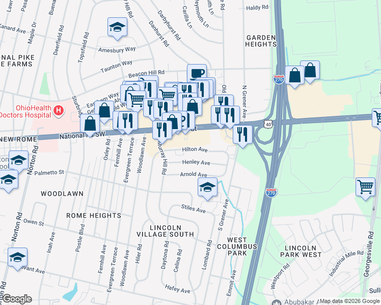 map of restaurants, bars, coffee shops, grocery stores, and more near 4707 Hilton Avenue in Columbus