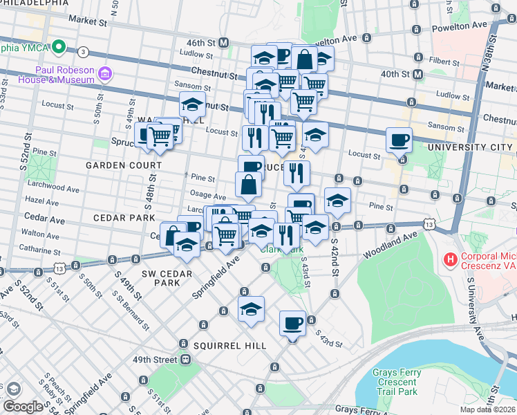 map of restaurants, bars, coffee shops, grocery stores, and more near 4416 Osage Avenue in Philadelphia