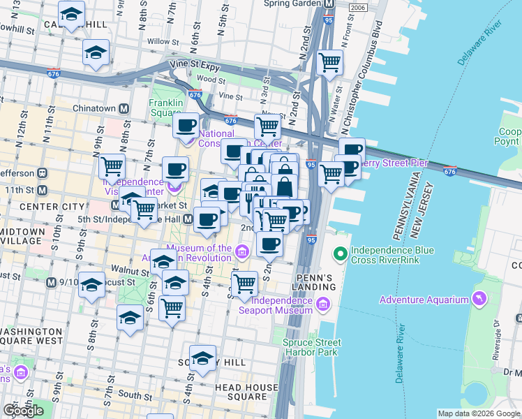 map of restaurants, bars, coffee shops, grocery stores, and more near 51 North 3rd Street in Philadelphia