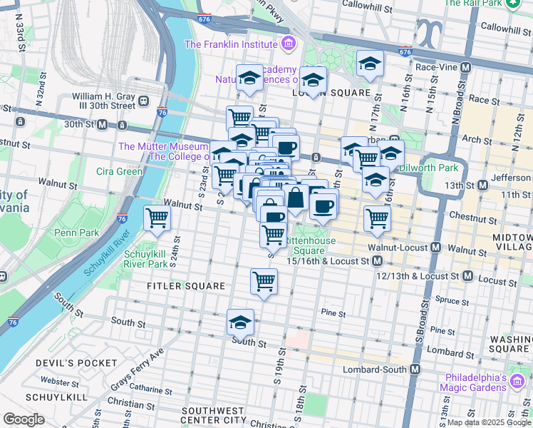 map of restaurants, bars, coffee shops, grocery stores, and more near 2047 Walnut Street in Philadelphia