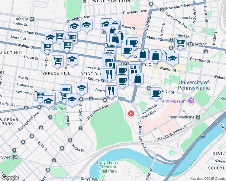 map of restaurants, bars, coffee shops, grocery stores, and more near 3931 Pine Street in Philadelphia