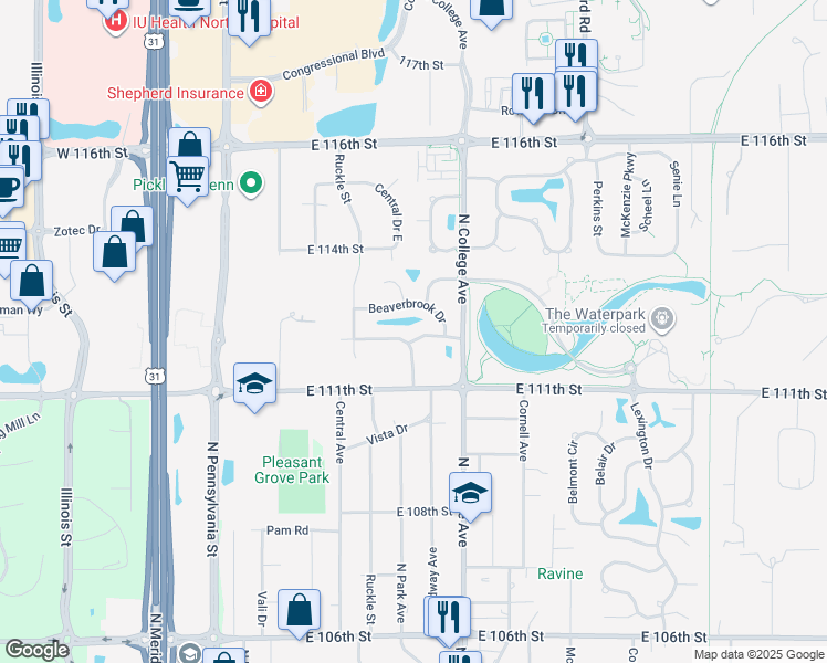 map of restaurants, bars, coffee shops, grocery stores, and more near 642 Waterwood Way in Carmel