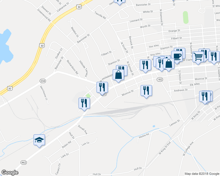map of restaurants, bars, coffee shops, grocery stores, and more near 0 East Berlin Road in York