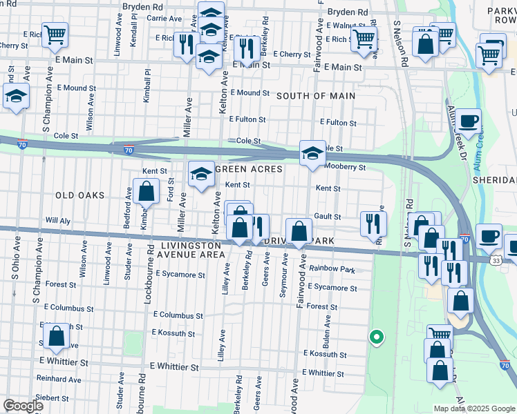 map of restaurants, bars, coffee shops, grocery stores, and more near 1574 Gault Street in Columbus