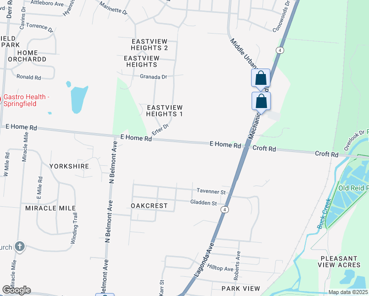 map of restaurants, bars, coffee shops, grocery stores, and more near 2311 East Home Road in Springfield