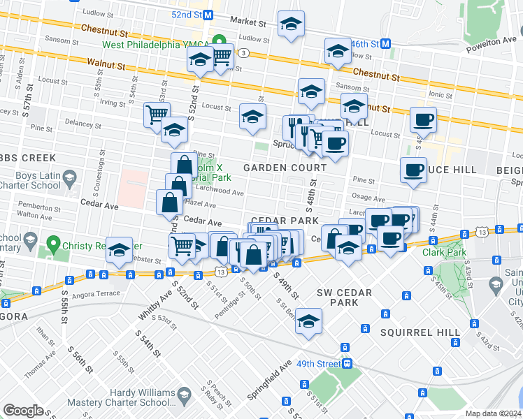 map of restaurants, bars, coffee shops, grocery stores, and more near 4927 Hazel Avenue in Philadelphia